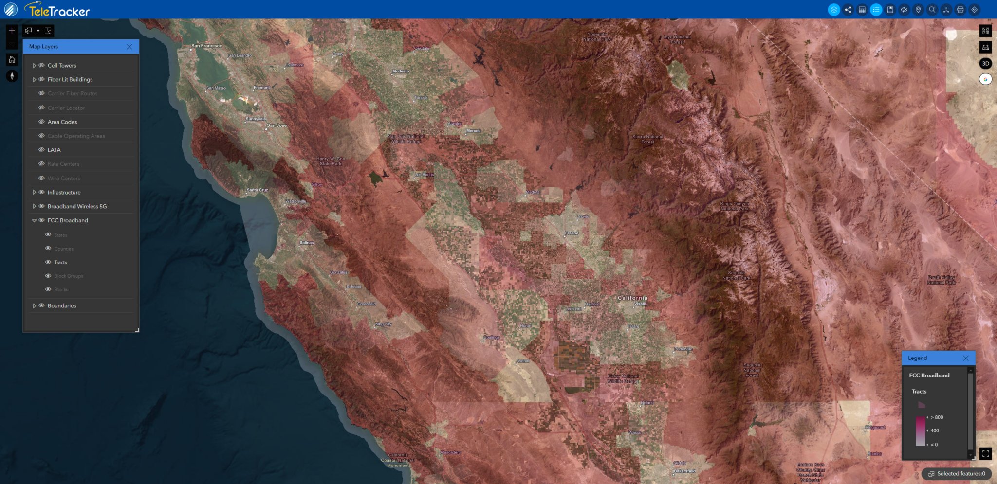 BB Terrestrial #2 Broadband Fiber dataset showing fiber-to-premise service areas over network coverage hexagons for telecom and commercial analysis.