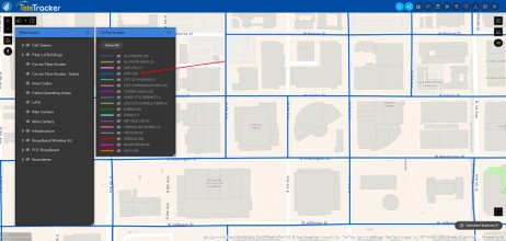 Digitized carrier fiber routes overlaid on street maps and aerial imagery for U.S. and global telecom analysis.