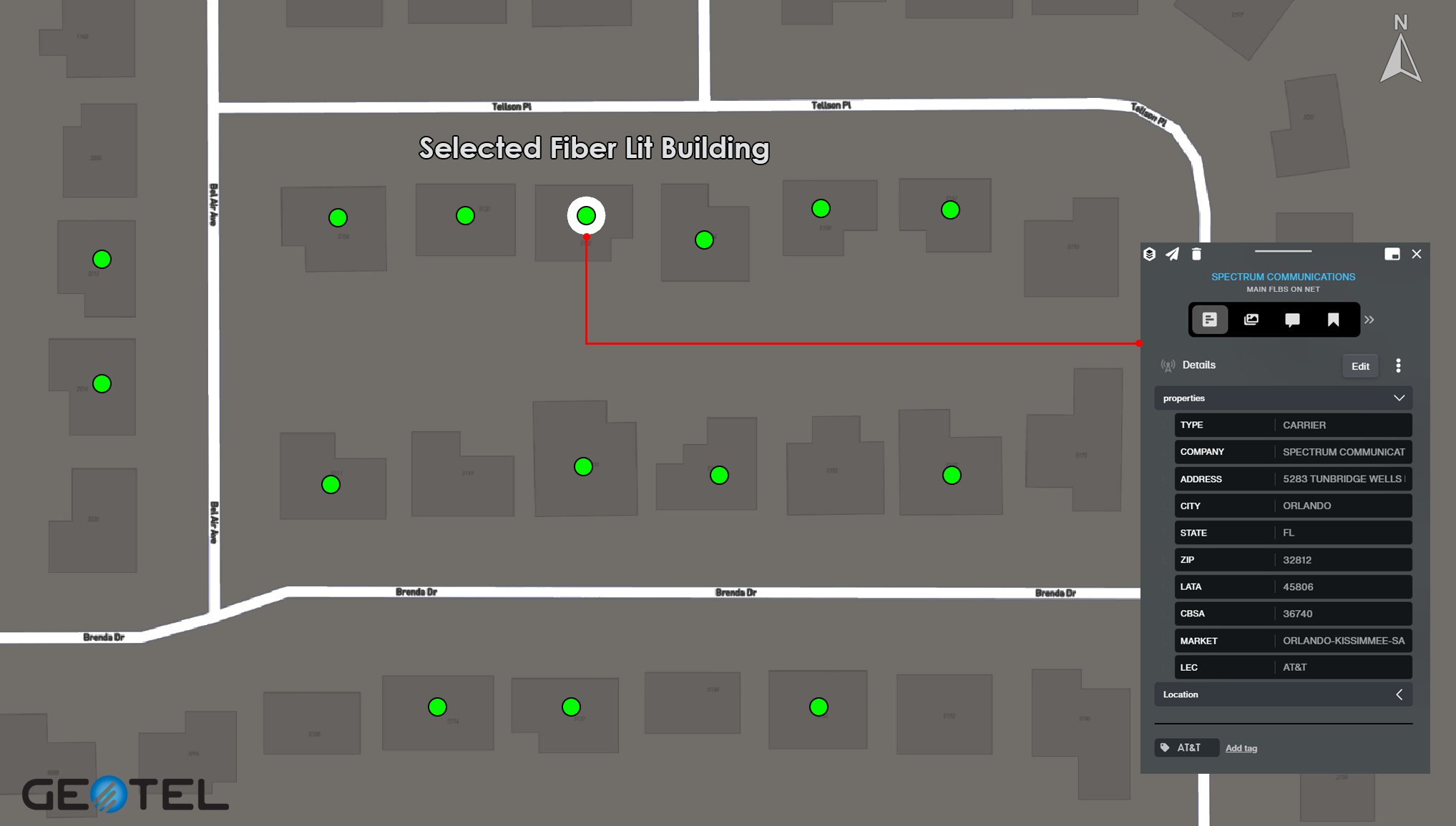 Selected Fiber Lit Building Selected Fiber Lit Building with attribute data