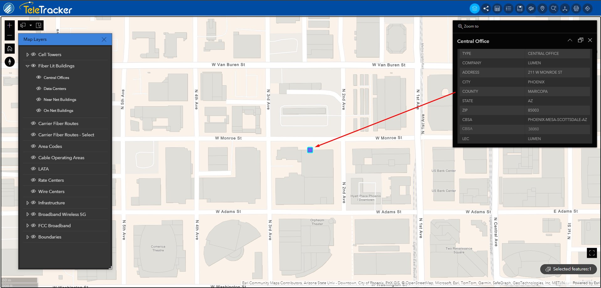 Central Office in Phoenix with Attribute Data Central Office in Phoenix with Attribute Data and menu