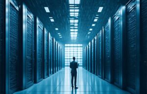 This image portrays a quantum data center with the servers stretching from the floor to the ceiling. There is a man standing in the aisle between the servers.