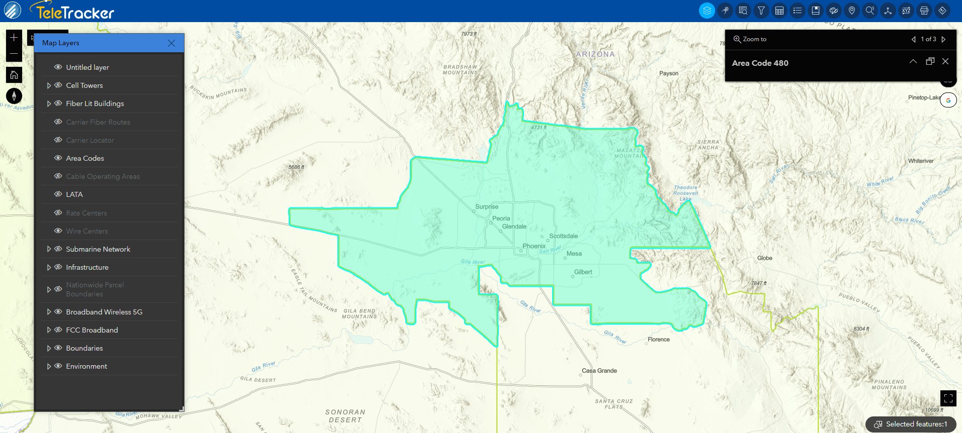 TeleTracker's Terrain with Labels base map displays a Phoenix, AZ area code (480). This base map shows and labels geographic features within the selected area.