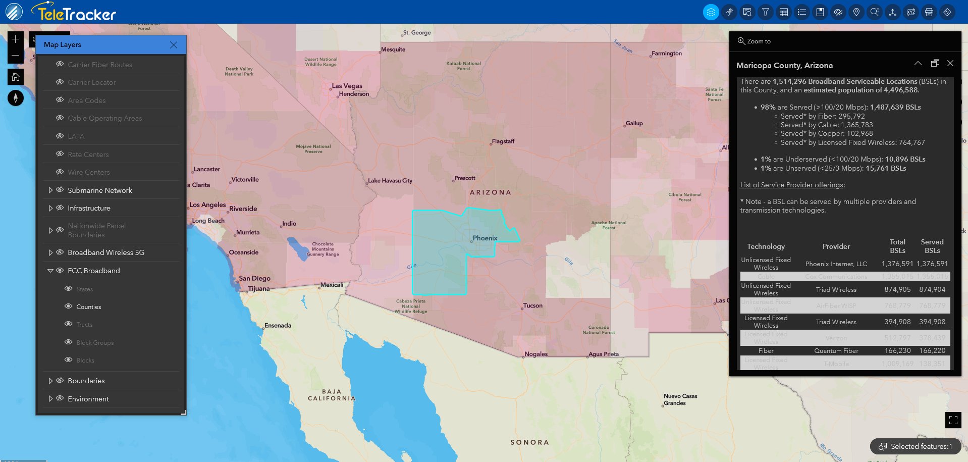 GeoTel's TeleTracker displays Maricopa County, Arizona on its Community base map.