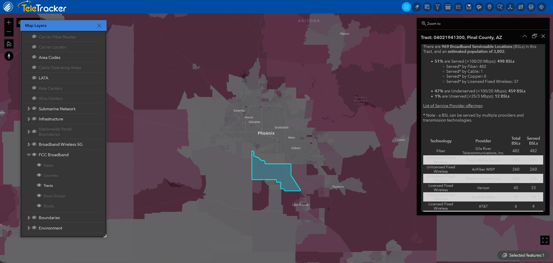 TeleTracker uses high-contrast polygons on the Dark Gray base map to show broadband terrestrial tracts in Phoenix, Arizona.