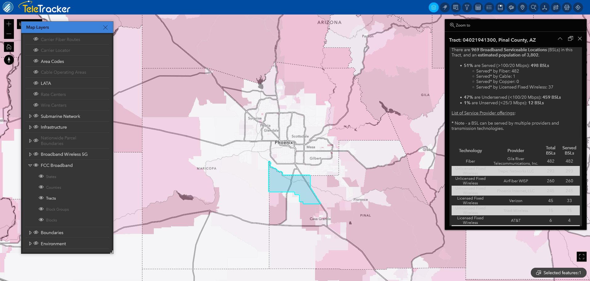 Broadband terrestrial tracts are displayed on the Human Geography base map in GeoTel's TeleTracker.