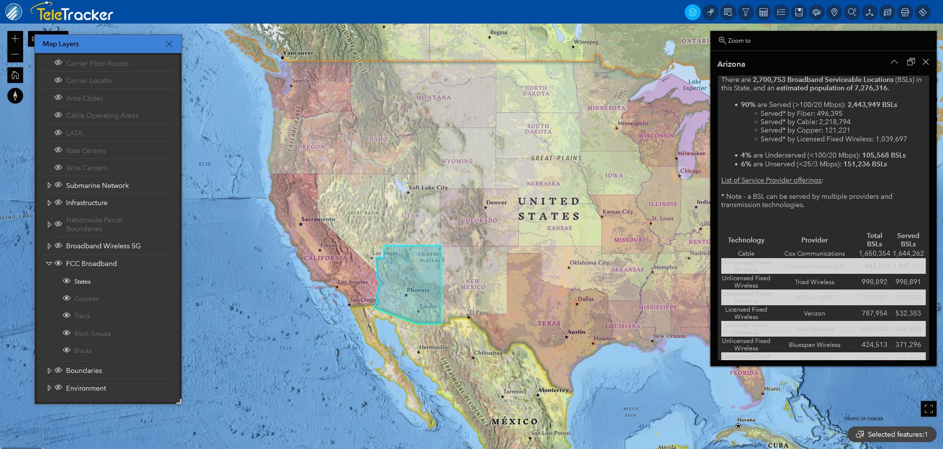 BB Terrestrial_Phoenix_National Geographic_states_CROPPED Broadband terrestrial in Arizona is displayed on TeleTracker's Streets Night base map.