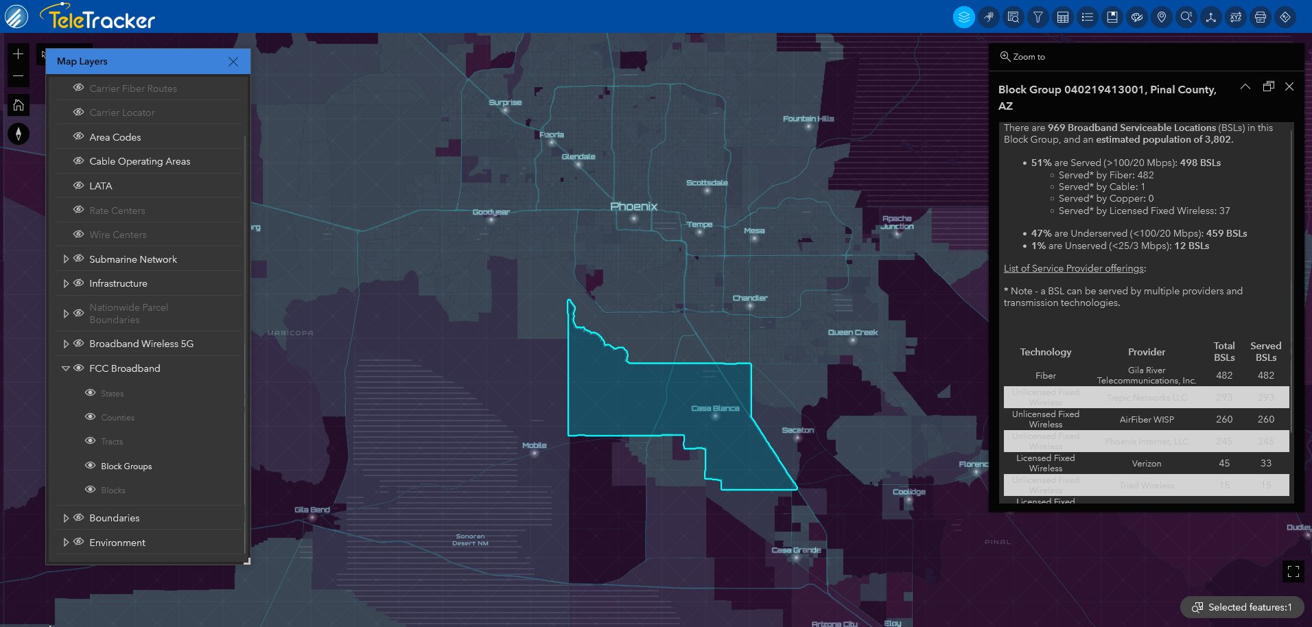 The Nova base map in GeoTel's TeleTracker displays a broadband terrestrial block group in Phoenix, AZ.