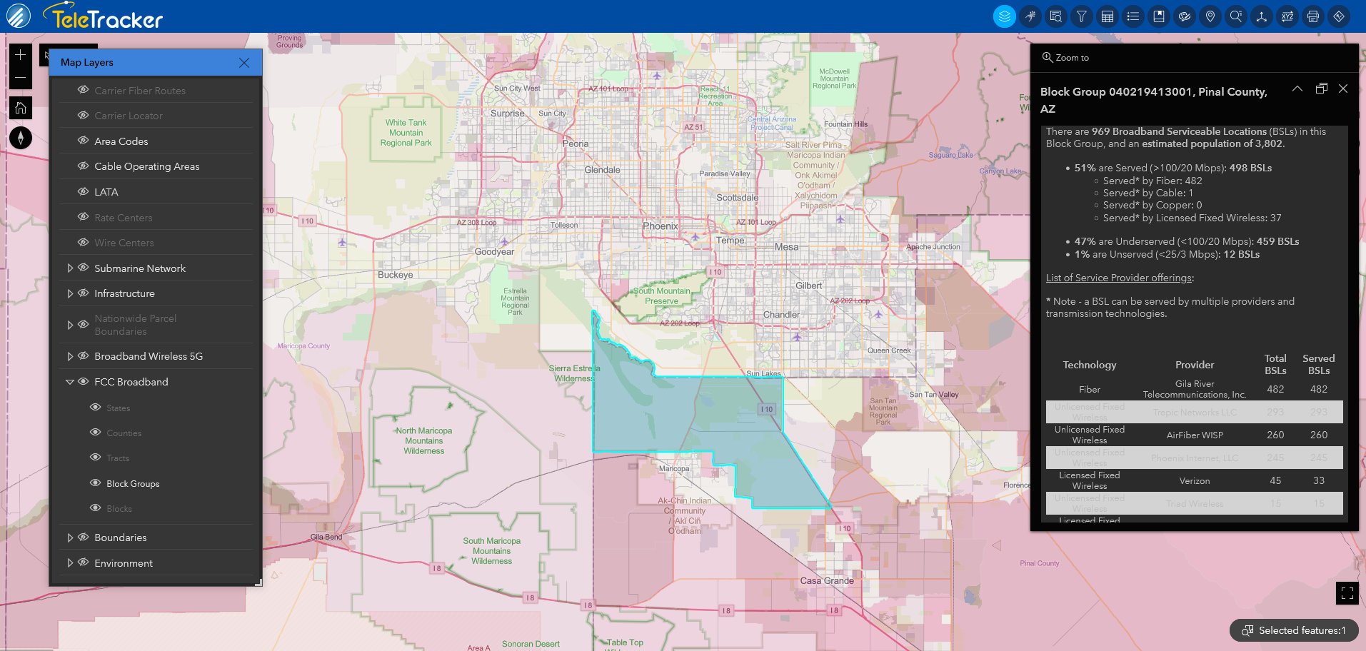 Broadband terrestrial block groups are displayed on the Open Street base map. This TeleTracker base map also shows streets and city details.