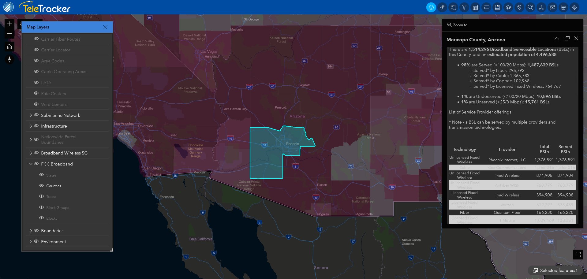 The image is of TeleTracker's Streets Night base map using a high-contrast polygon to denote Maricopa County's broadband terrestrial.