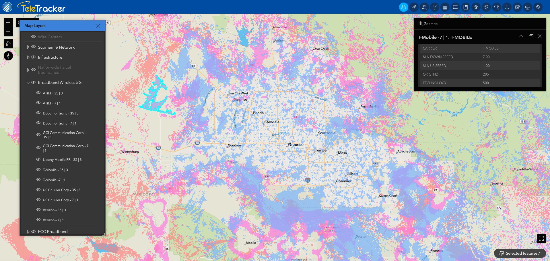 GeoTel's TeleTracker shows areas of broadband wireless in Phoenix, Arizona.