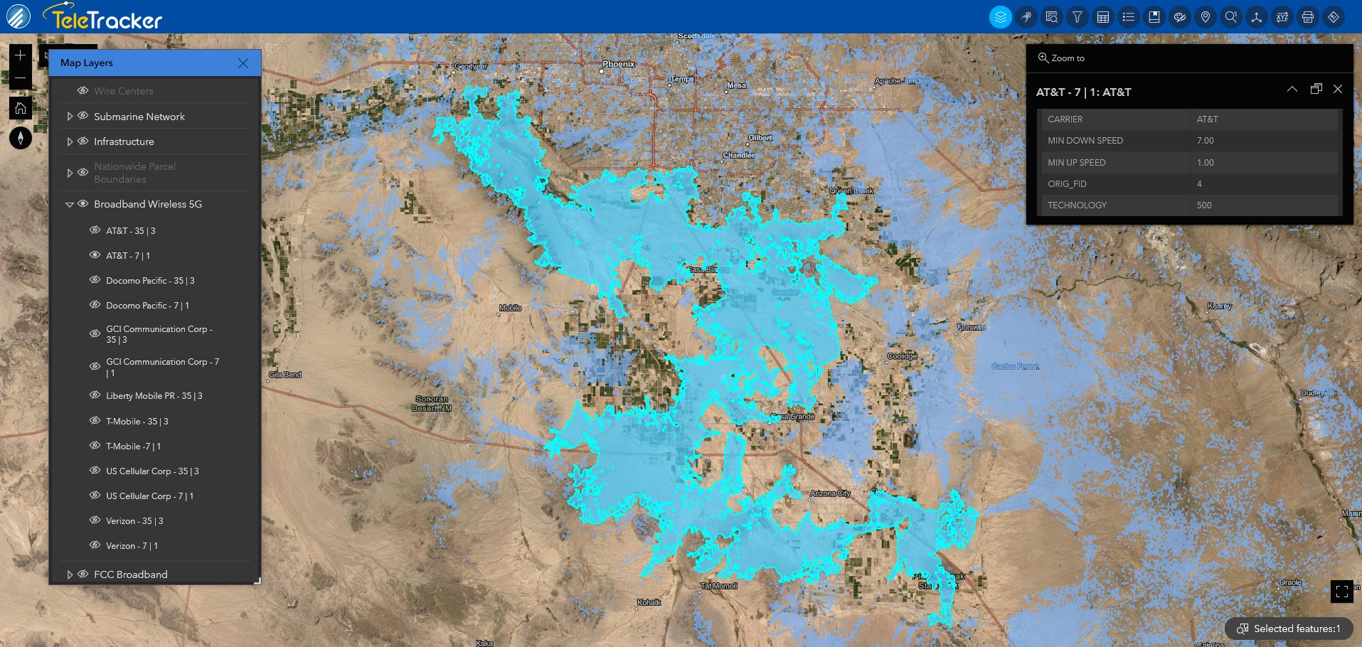 The broadband wireless area is displayed on TeleTracker's Firefly Imagery base map. This map shows broadband wireless in Phoenix, AZ in high-contrast color over satellite imagery.