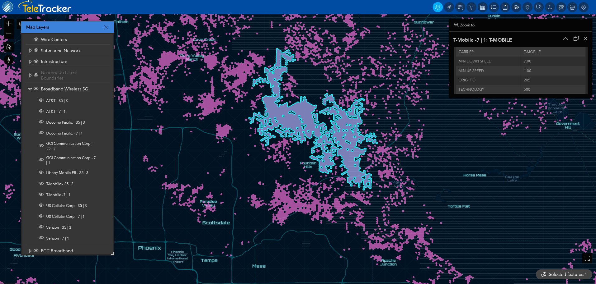 BB Wireless_Phoenix_Nova base_t mobile_CROPPED A broadband wireless area is displayed on TeleTracker's high-contrast Nova base map of Phoenix, AZ.
