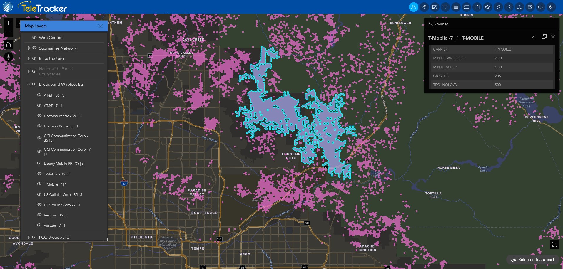 This image shows GeoTel's TeleTracker Navigation Dark Mode base map with broadband wireless areas denoted in high contrast.
