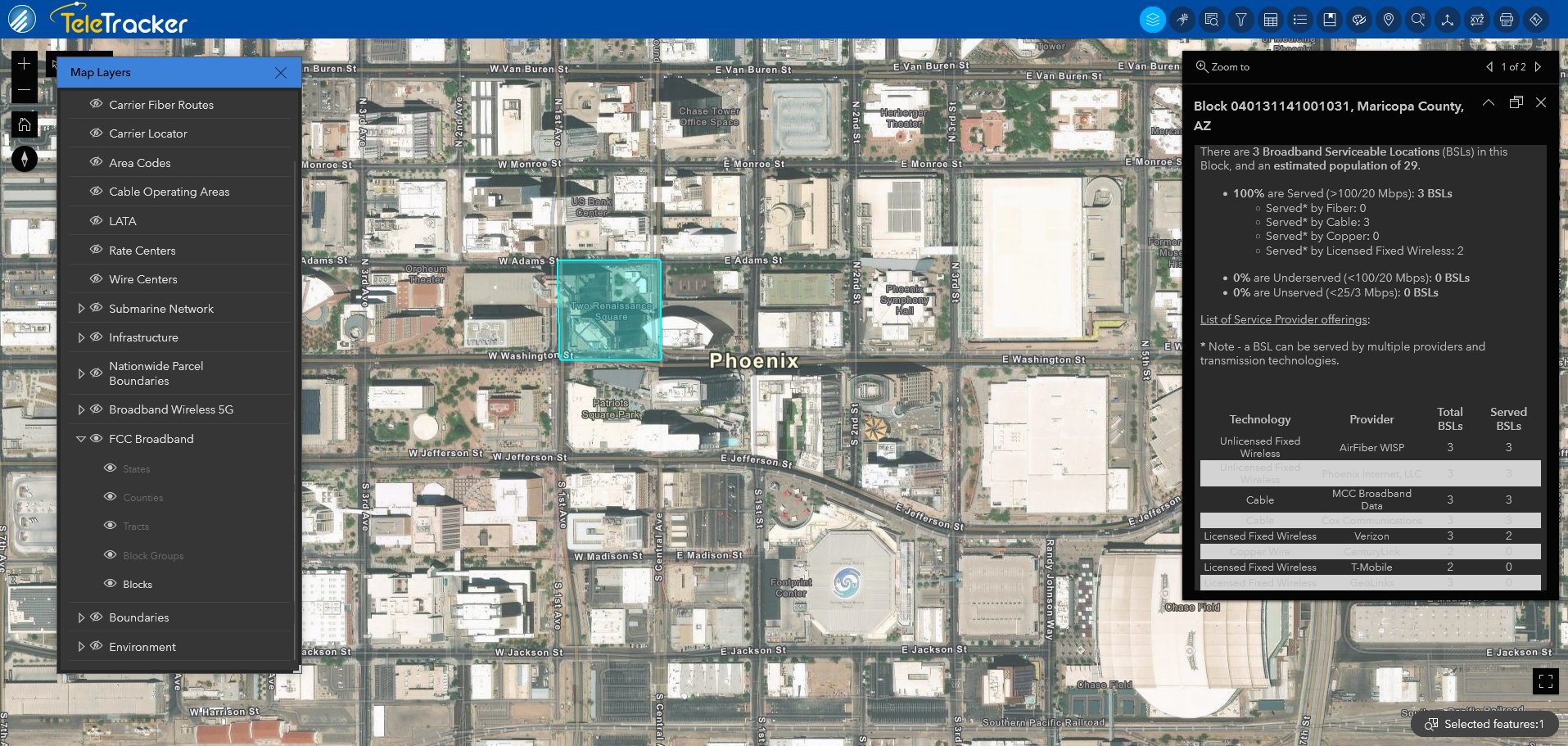 TeleTracker's Imagery Hybrid map utilizes satellite imagery. Here it is displaying a block of broadband terrestrial in Phoenix, AZ.
