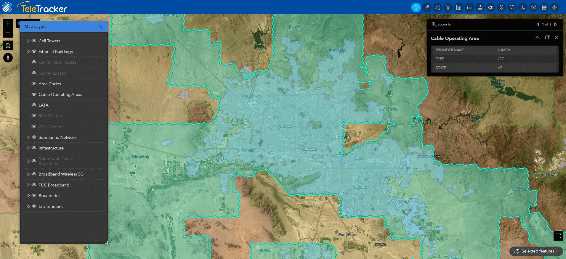 This example of GeoTel's fiber maps found within TeleTracker displays a cable operating area within Arizona on the Imagery Hybrid base map. This base map includes satellite imagery as well as high-contrast polygons.