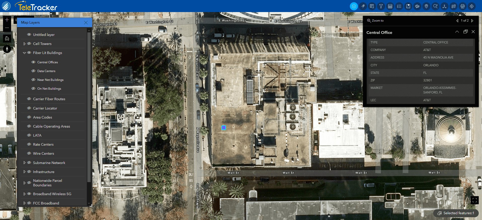 Central Office in Orlando, FL shown on TeleTracker's Imagery Hybrid base map.