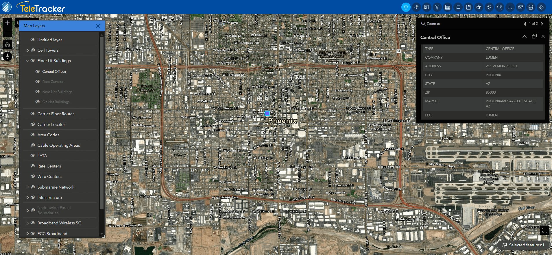 This image displays a central office located in Phoenix, Arizona on TeleTracker's Imagery Hybrid map.