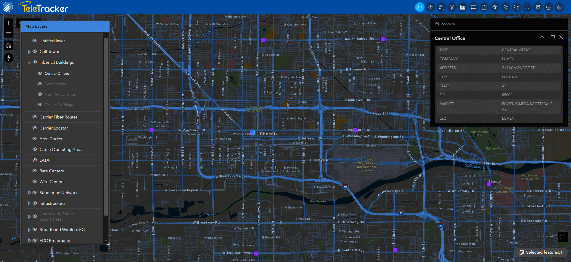 Central offices are displayed across central Phoenix, AZ on TeleTracker's Streets Night base map. This is one example of GeoTel's fiber maps offered with high-contrast markers. Central offices are displayed across central Phoenix, AZ on TeleTracker's Streets Night base map. This is one example of GeoTel's fiber maps offered with high-contrast markers.