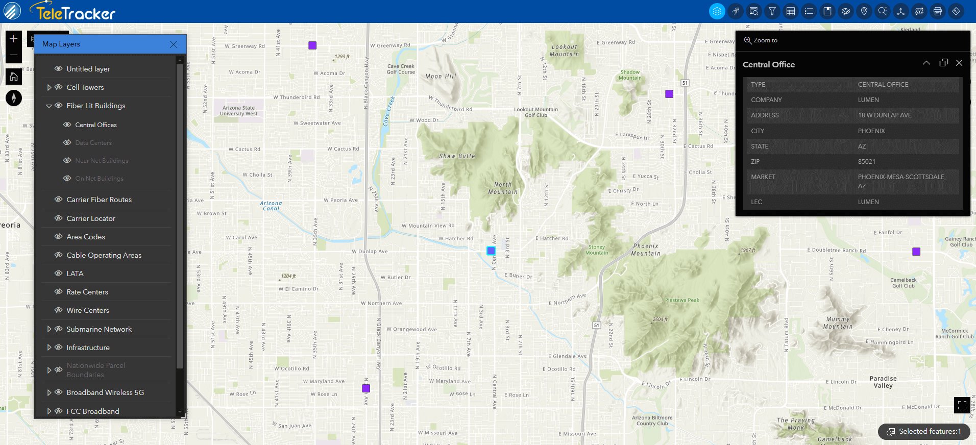 Central offices in Phoenix, AZ are displayed on TeleTracker's Topographic base map which allows users to see geographic features in selected areas.