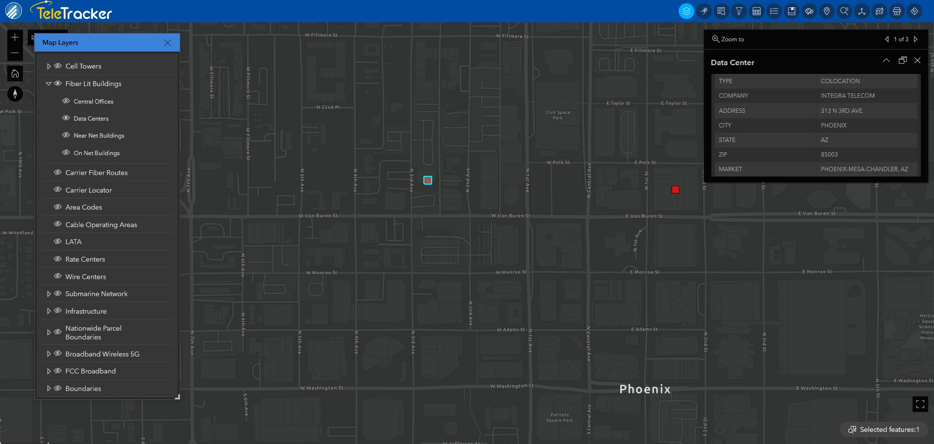 High-contrast red icons denote data centers in Phoenix, AZ on TeleTracker's Dark Gray base map.