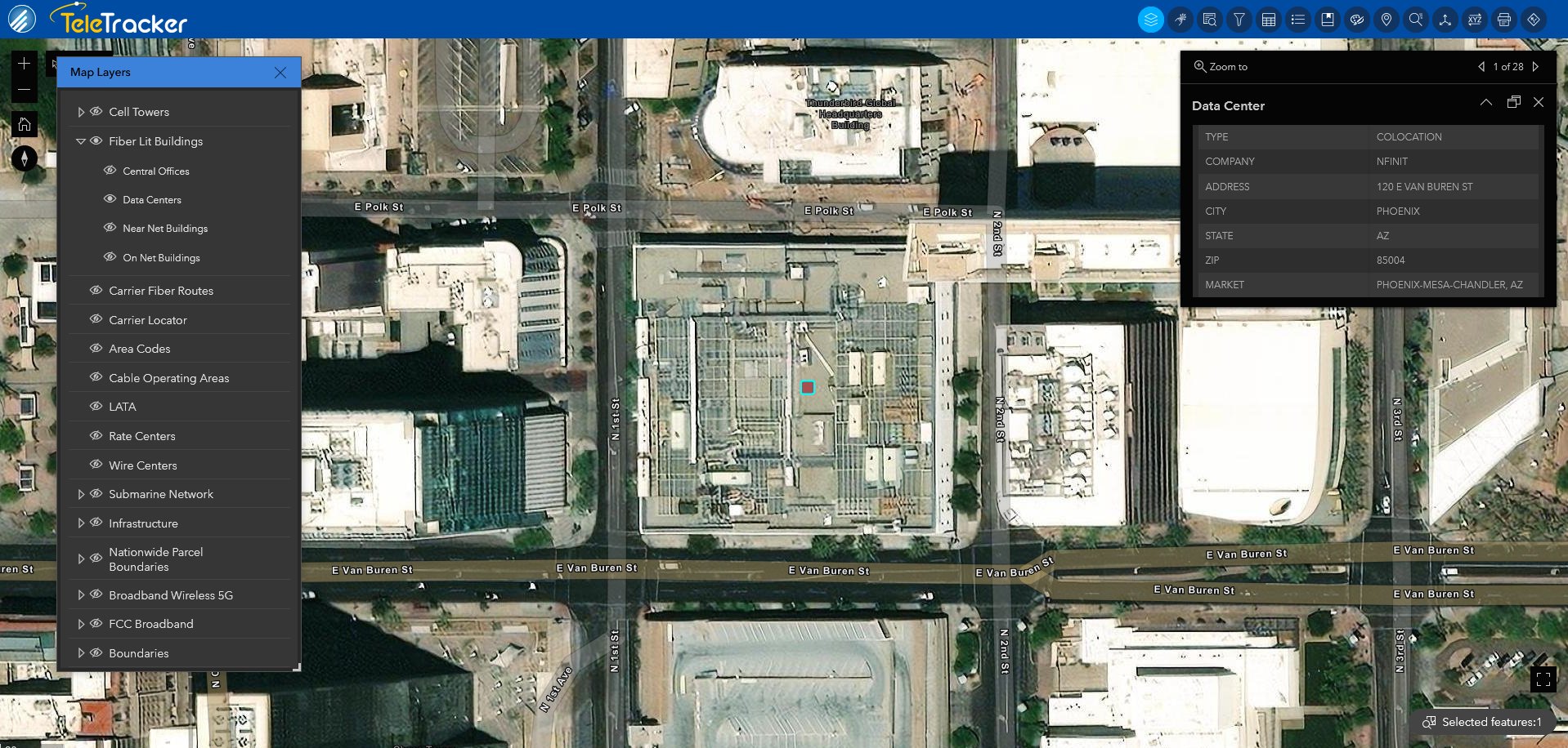 GeoTel's TeleTracker displays a data center in Phoenix. Arizona. The Imagery Hybrid map utilizes satellite imagery with an overlay showing streets and major highways.