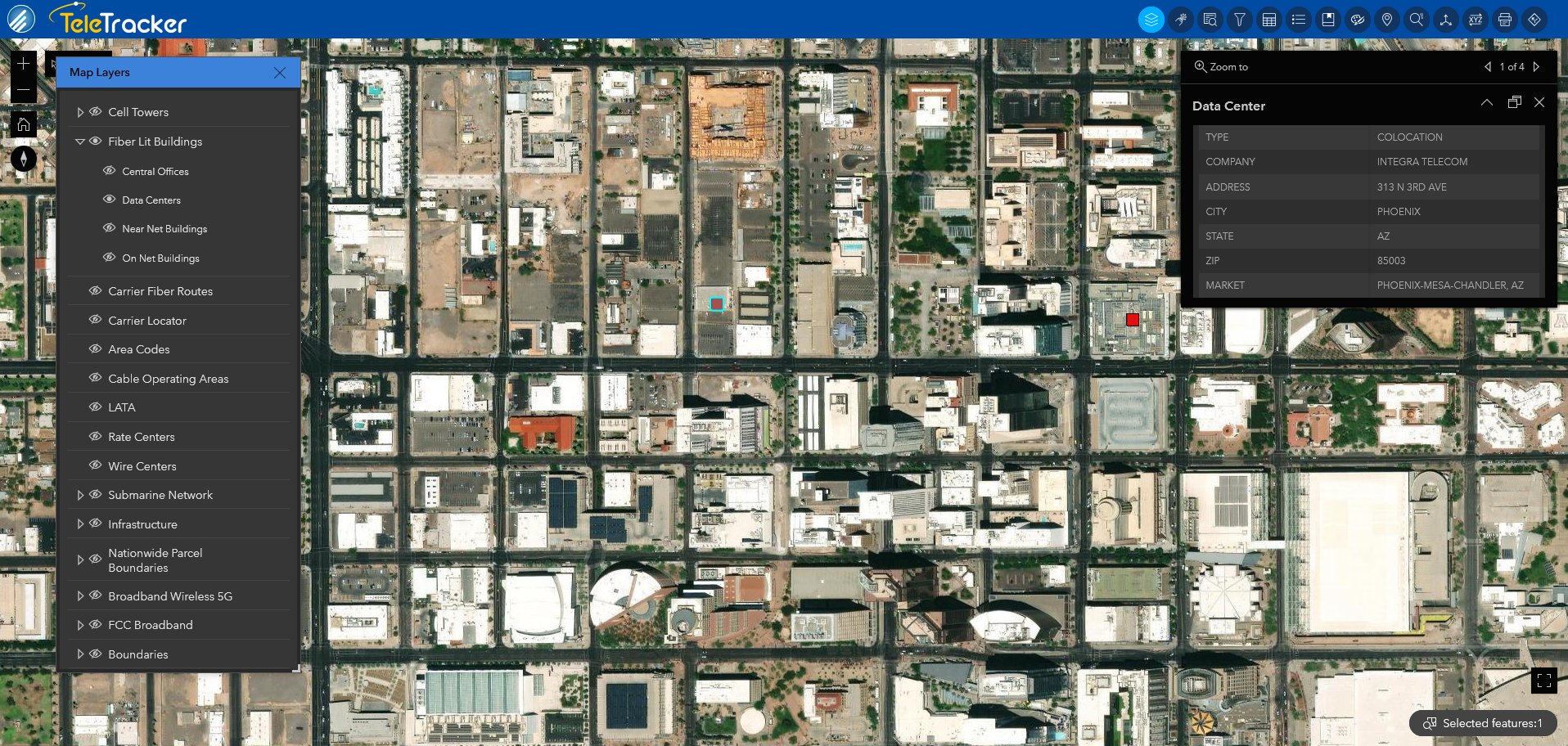 Data centers in Phoenix, AZ are shown with high-contrast icons on TeleTracker's Imagery base map. This map uses satellite imagery.