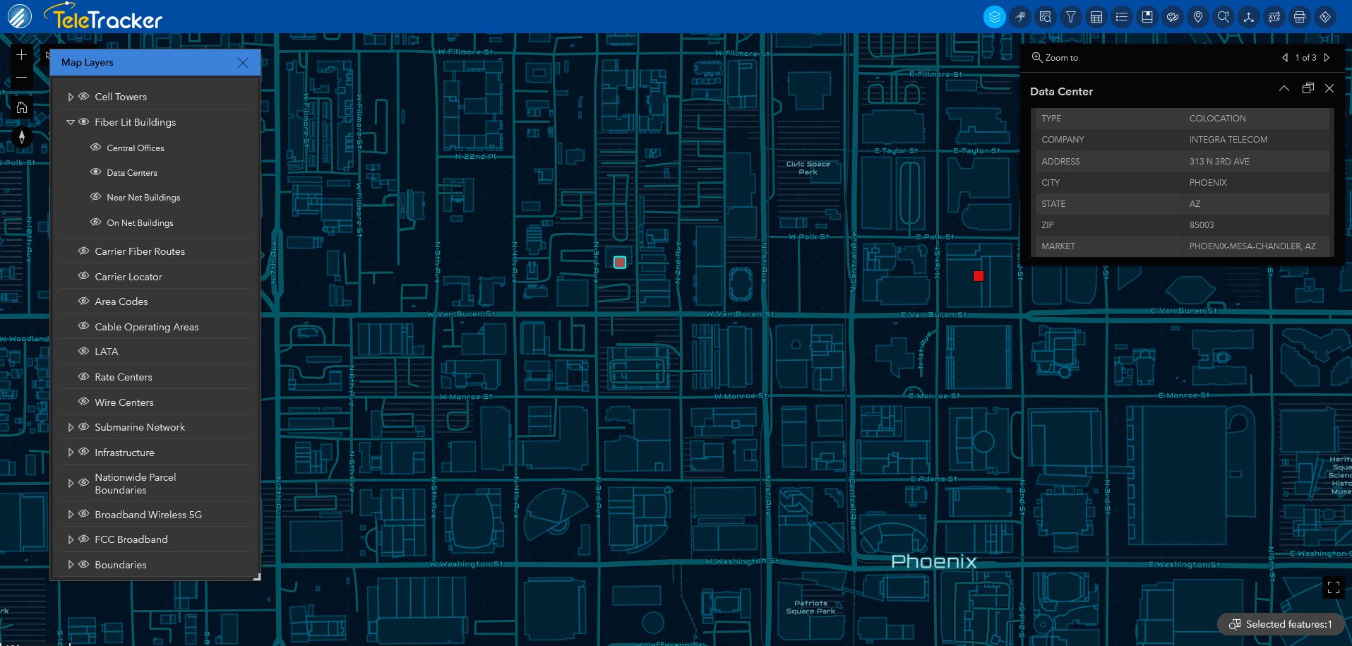The high-contrast Nova base map within GeoTel's TeleTracker displays data centers in Phoenix, Arizona.