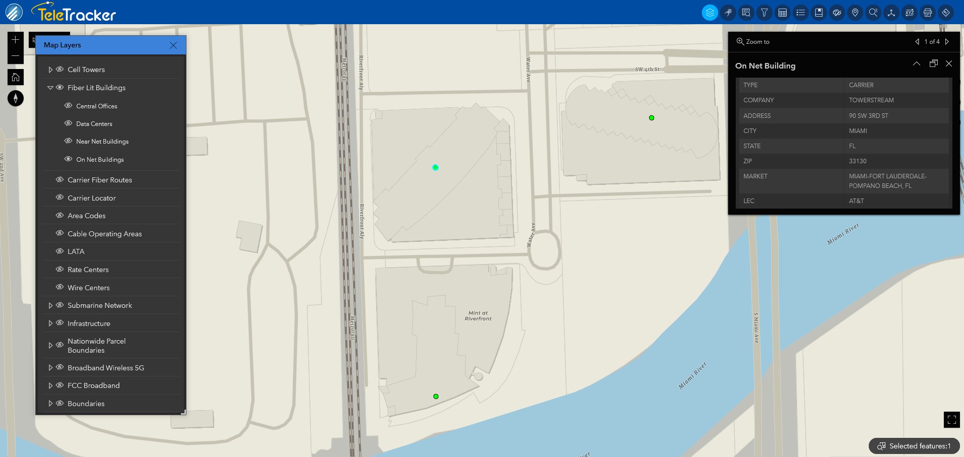 An option on TeleTracker's fiber maps is to look up fiber-lit buildings. Fiber-lit buildings in Miami, Florida are shown on TeleTracker's Charted Territory base map.