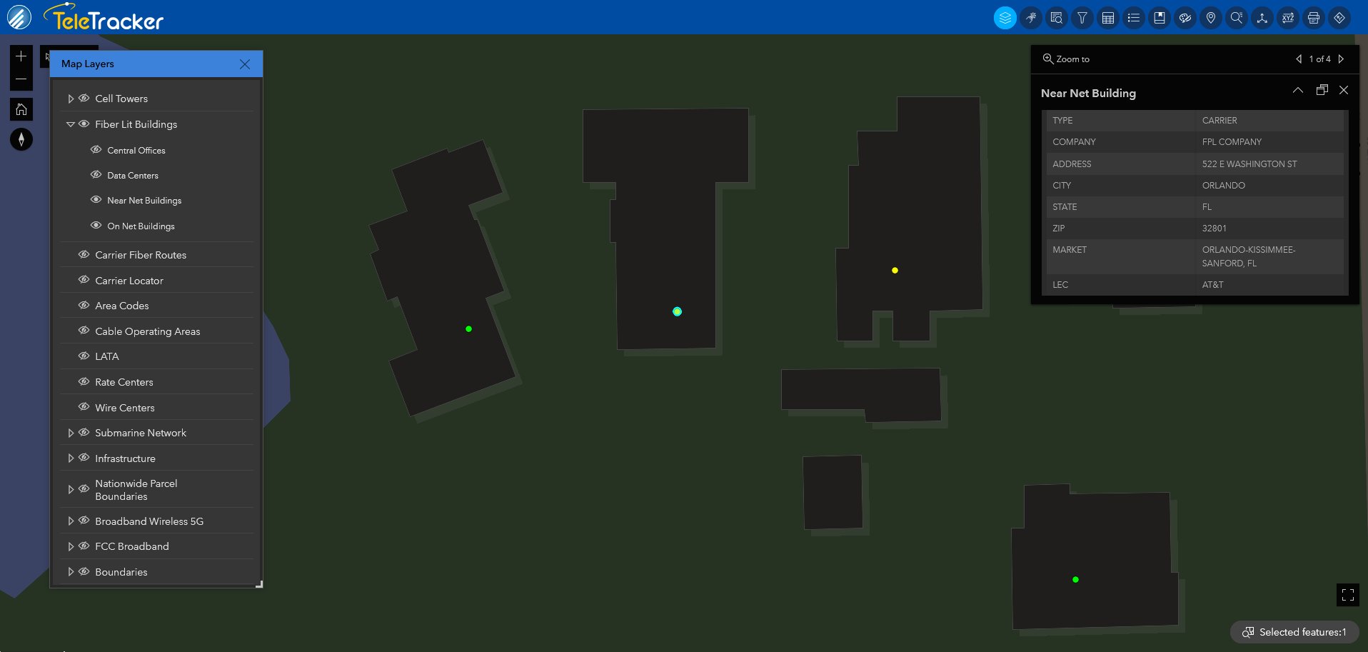 Fiber-lit buildings in Orlando, FL are displayed on TeleTracker's Navigation Dark Mode base map which is similar to the dark/ nighttime mode used on most mobile GPS applications.
