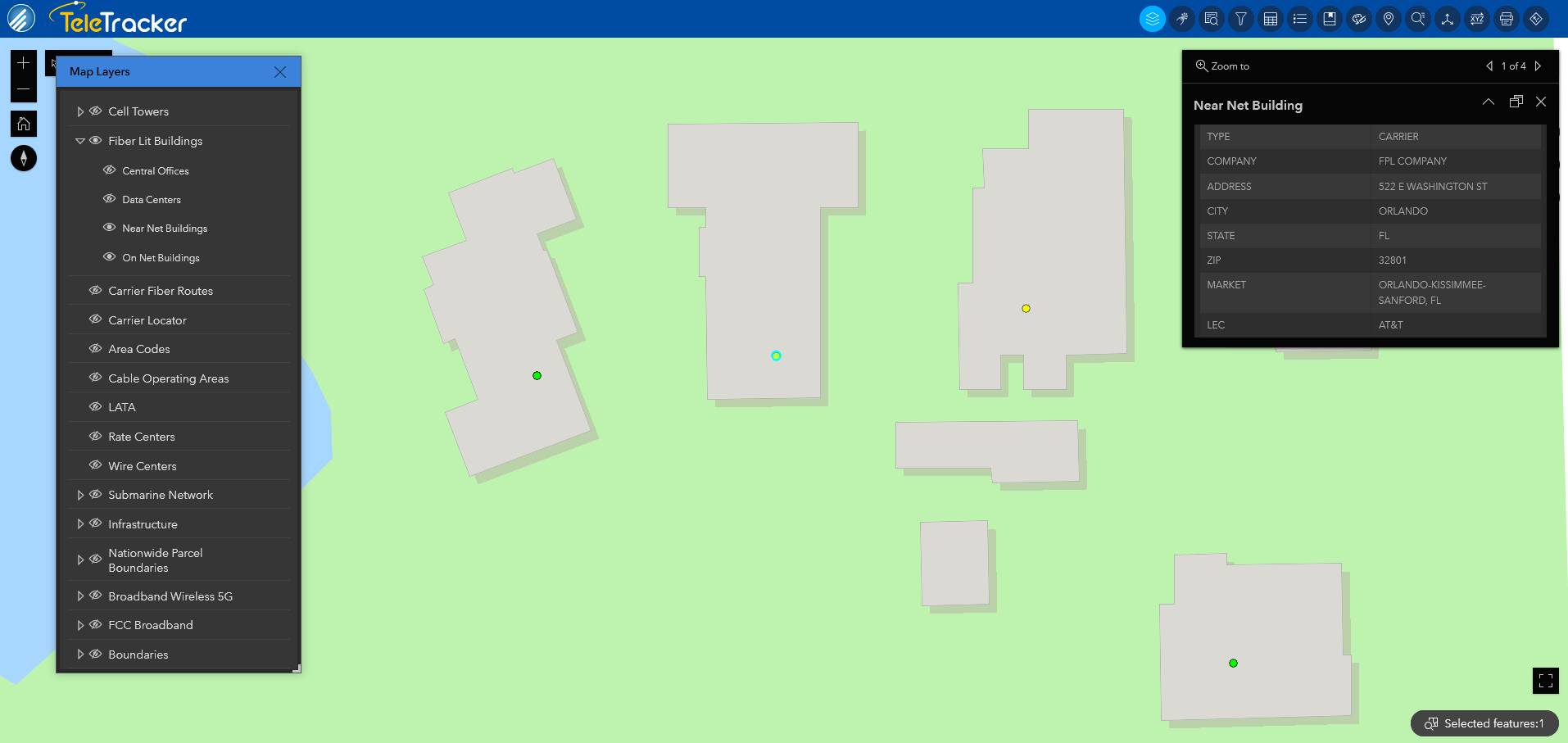 GeoTel's TeleTracker's Navigation base map reflects mapping that's similar to most mobile GPS applications. This image shows fiber-lit buildings located in Orlando, Florida.