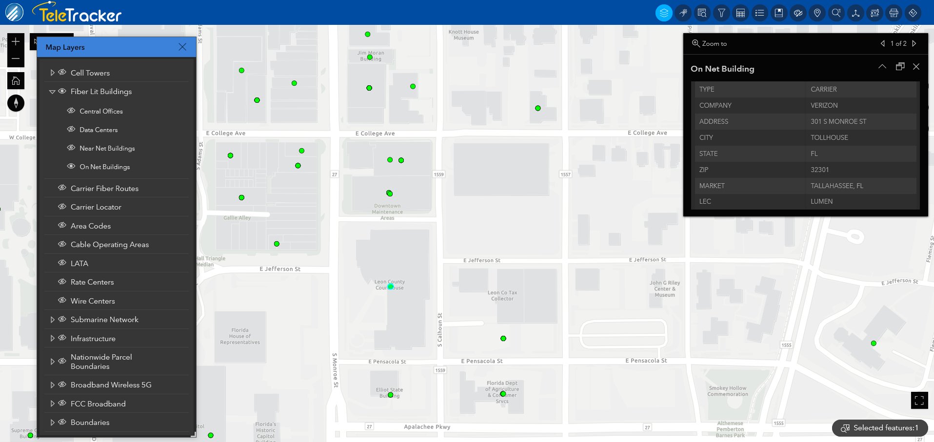 The Light Gray base map in TeleTracker uses high-contrast symbols to show the location of fiber-lit buildings in Tallahassee, FL.