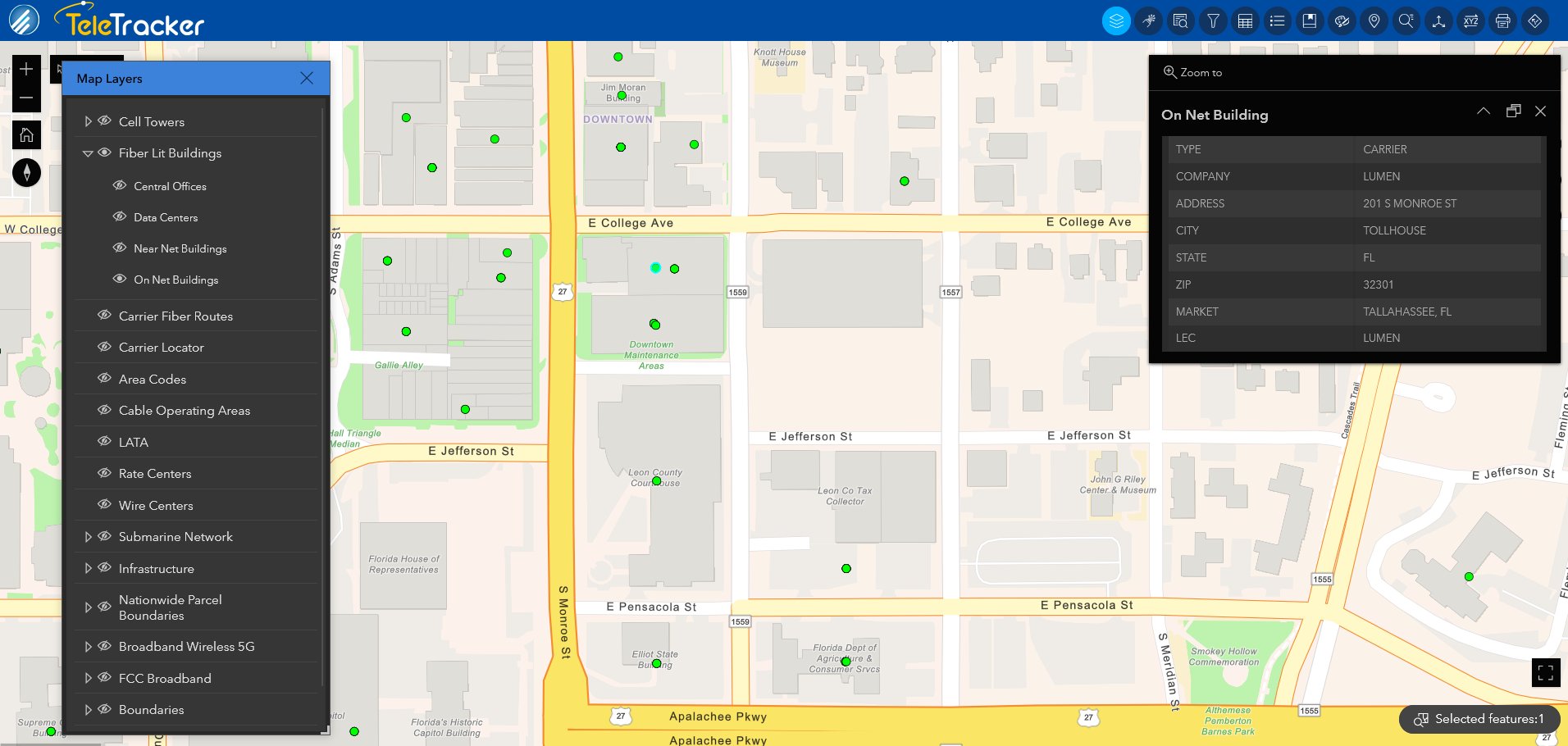 The navigation base map in TeleTracker displays fiber-lit buildings within Tallahassee, Florida. This base map has street and building labels and is familiar to most mobile GPS applications.