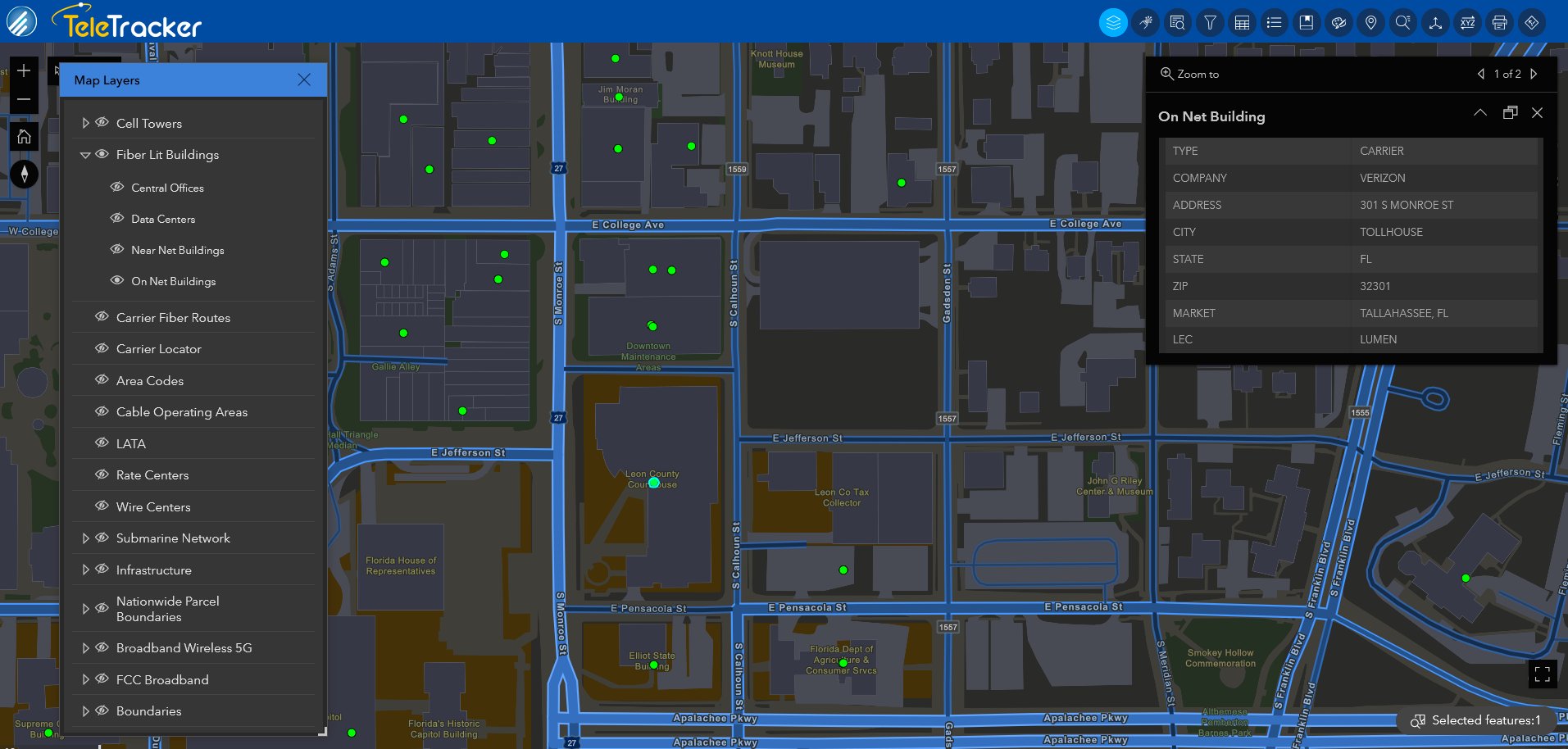 TeleTracker's Streets at Night base map uses high-contrast icons to show fiber-lit buildings in the Tallahassee area.