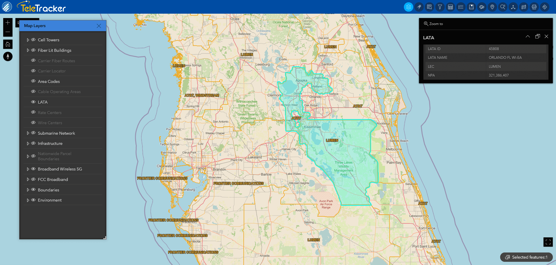 LATA_Orlando_Zoomed Out_Open Street base map_CROPPED This image is an example of GeoTel's fiber maps that display LATA boundaries. This LATA boundary in central Florida is displayed on TeleTracker's Street base map.