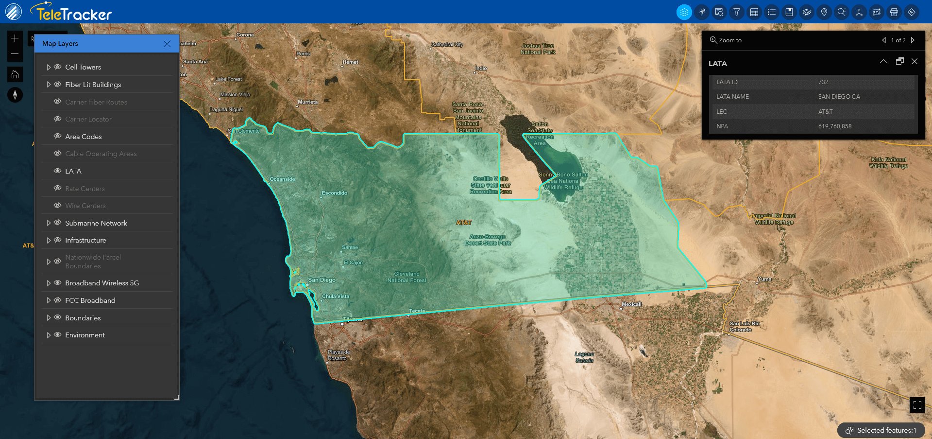 The LATA boundary for San Diego, CA is displayed using a high-contrast polygon against the Imagery hybrid base map in GeoTel's TeleTracker.
