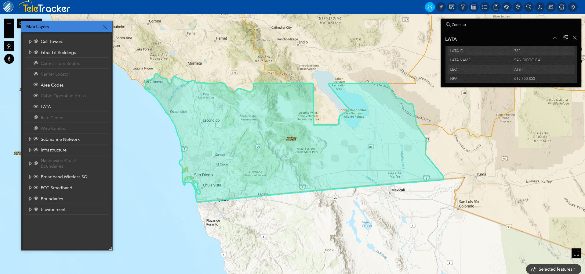 TeleTracker displays a LATA boundary in southern California on the Topographic base map.