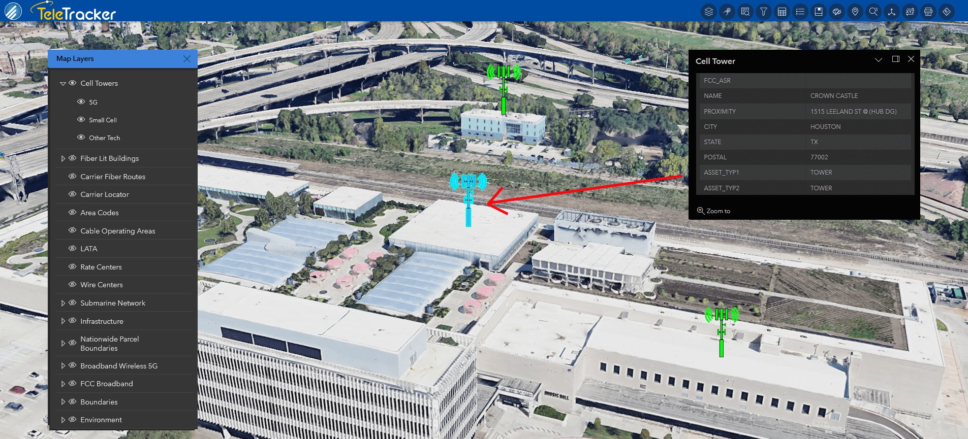 CT_HTX Post_GE 3D GeoTel's TeleTracker displays a cell tower in Houston, TX on a 3D base map.